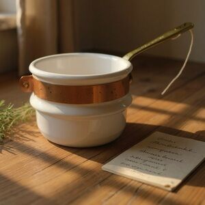 Vintage White Stoneware Double Boiler Pot Insert Copper & Brass Handle 1.5 QT